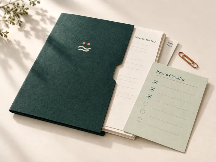 Simple Hong symbol on a green folder, with Document Summary, Record Checklist and Korea Brief pages